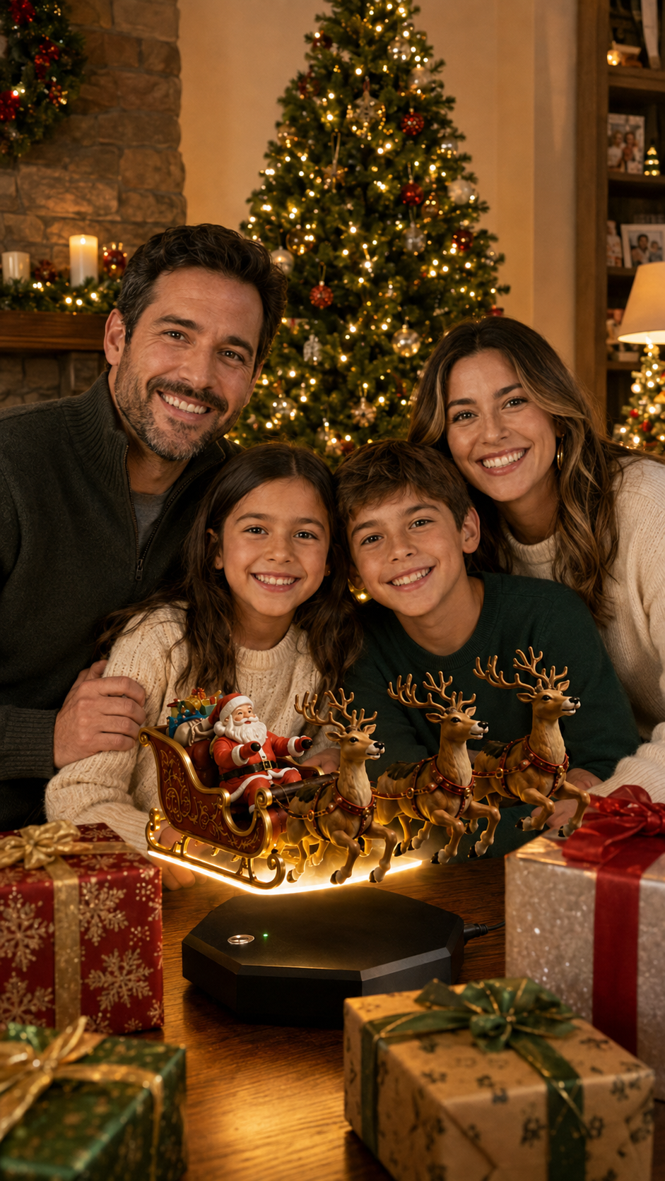 Family Christmas scene with magnetic floating Santa sleigh